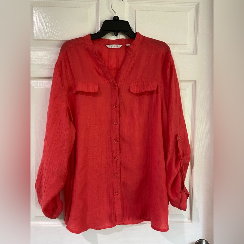 Erin London Crinkle Gauze Loose Button-Down Shirt Size XL Coral Tropics